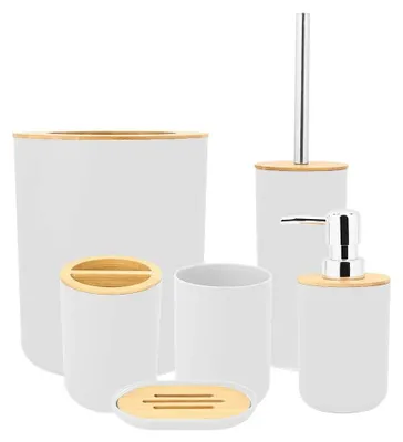Produktbild von Badezimmer-Set, 6-teilig - Bambus-Accessoire-Set - Zahnbürstenhalter - Seifenspender - Lotionflasche - Langlebig und strapazierfähig - Badezimmeraccessoires