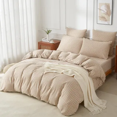 Imagen del producto de Ropa de cama de algodón, 220 x 240 cm, color beige con un pequeño estampado de cuadros, para el dormitorio