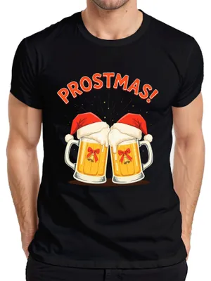 Immagine prodotto di PROSTMAS! Boccale di birra Cappello di Babbo Natale Regalo Divertente Maglietta da Uomo, Nero, S