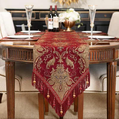 Immagine prodotto di Runner da tavolo con frange, 33x274 cm, color borgogna, in tessuto chenille
