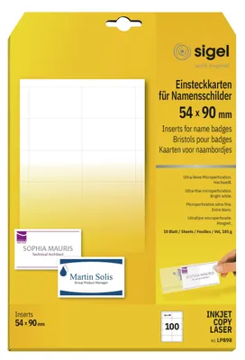 Produktbild von SIGEL LP898 PC-Einsteckkarten für Namensschilder, 54 x 90 mm, weiß, 100 Stück