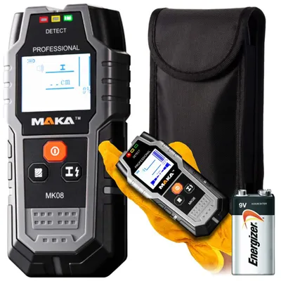 A wall scanner, its carrying case, a smaller handheld scanner, and a 9V battery are arranged on a white background.