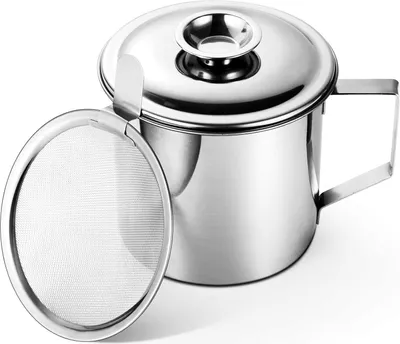 A stainless steel grease container with a lid and a separate mesh strainer.