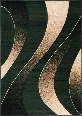 A close-up, top-down view of a rug with a modern abstract design.
