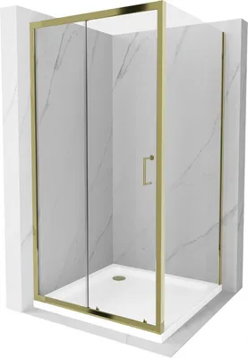 Zdjęcie produktu dla Mexen Apia kabina prysznicowa rozsuwana 100 x 100 cm, transparent, złota + brodzik Flat, biały- 840-100-100-50-00-4010G