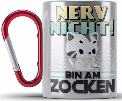 Produktbild von Trendation - Gamer Edelstahl Tasse Karabiner Spruch Gaming Karabiner Edelstahl Tasse Karabiner Edelstahl Katze Gaming Headset Gamer Nerd Geschenkidee (Rot)