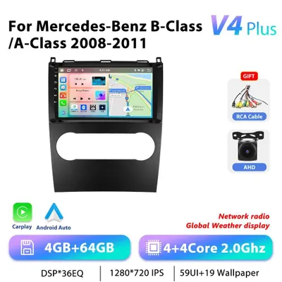 Obrázok produktu pre Autorádio s Androidom – 2-DIN – dotykový displej 23 cm – pre triedy A/B 2008–2011 – Android 13 – pamäť 4 GB + 64 GB – procesor 2,0 GHz – vstup pre zadnú kameru AHD