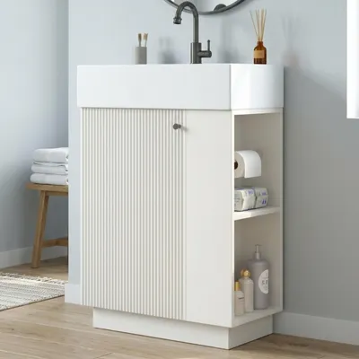 Produktbild von Flieks Badezimmer Waschbeckenunterschrank mit Keramikwaschbecken, Waschtisch mit abnehmbarem Toilettenpapierhalter, ohne Wasserhahn, Weiß