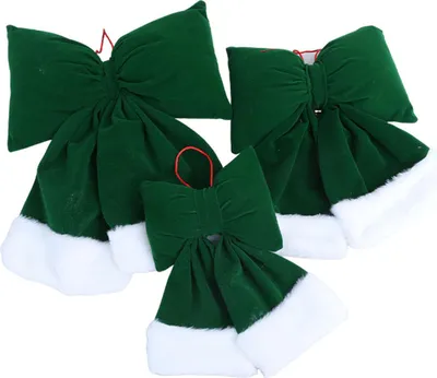 Produktbild von Weihnachtsschleife aus Samt, große, mit Plüsch gefüllte Schleife zum Aufhängen am Weihnachtsbaum mit flauschigem weißem Fellbesatz für die Dekoration von Weihnachtsbaum, Kamin und Party