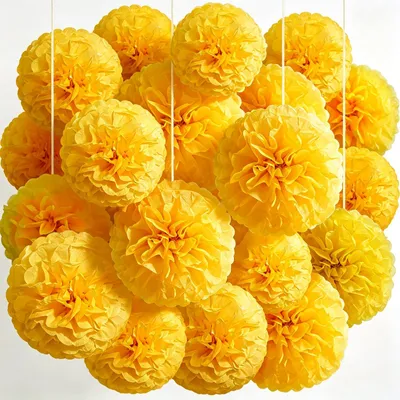 Productafbeelding van Papieren pompons decoratieset - 18 stuks - voor feestdecoratie - geel