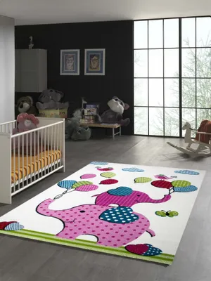 Image de Tapis pour enfants « Éléphants » - Crème, rose, rose vif, vert, turquoise, noir - Dimensions : 200 x 290 cm