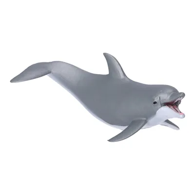 A gray dolphin toy with its mouth open, shown from a side angle against a white background.