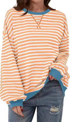 Produktbild von ASKSA Damen Sweatshirt Oversized Gestreift Farbblock Rundhals Langarmshirt Oberteile Herbst Y2K Shirt (Beigeorange,L)