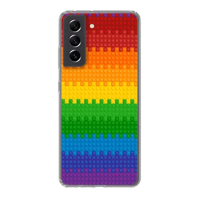 A smartphone case with a rainbow pattern made of Lego-like bricks.