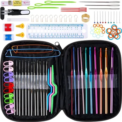 Produktbild von 100er Häkelhaken Set aus Aluminium mit Tasche Häkelnadeln Mini Häkeln Stricknadeln Stricken für Kinder ab 8 Jahren Bunte Nadeln Ergonomische