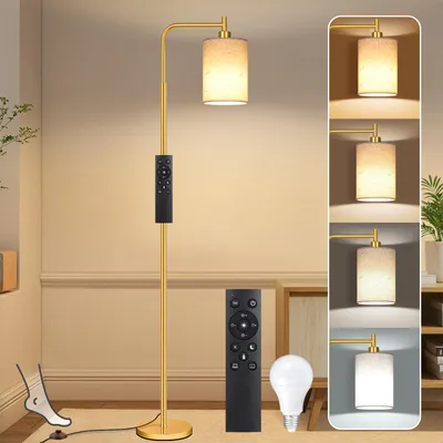 Produktbild von Stehlampe Moderne Leinenschirm Stehleuchte E27 LED Dimmbar Glühbirne mit Fernbedienung und Fußschalter für Wohnzimmer Schlafzimmer Büro, Golden
