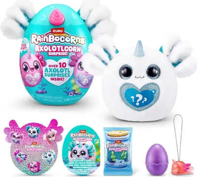A collage of Rainbocorns Axolotlcorn Surprise toys and packaging.