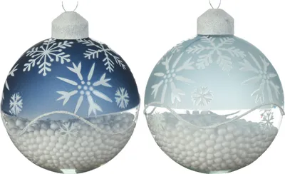 Produktbild von Weihnachtskugeln Glas 8cm mit Schneeflocken Motiv 12er Set blau mix