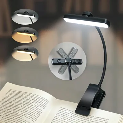Immagine prodotto di Lampada da lettura a LED con clip – 24 LED, 3 colori con dimmeraggio continuo, funzione di memorizzazione, batteria da 12-90 ore, flessibile a 360°, connettore USB-C – Ideale per libri e e-reader