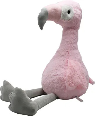 A plush flamingo toy is sitting on a white background.