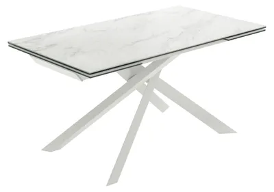 Produktbild von Ausziehbarer Kreuztisch 160–240 x 90 cm, glänzende Calacatta-Marmor-Keramikplatte, weißes Metallgestell – exklusives modernes Design