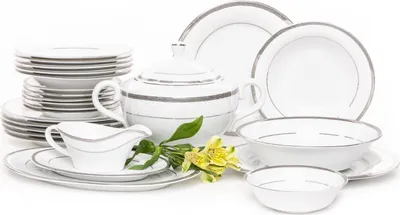 Obrázek produktu pro Konsimo jídelní servis pro 6 osob (25 položek) "GEOS PLATIN", bílá, porcelán, Classic, 27,5 cm / 24 cm / 20,5 cm / 31 cm / 23 cm / 16,5 cm / 36 cm / 26 cm / 3 l / 400