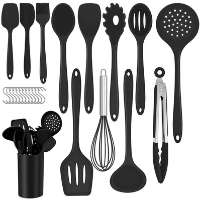 Immagine prodotto di Set di 25 utensili da cucina in silicone con supporto e ganci a S – Resistenti al calore e lavabili in lavastoviglie