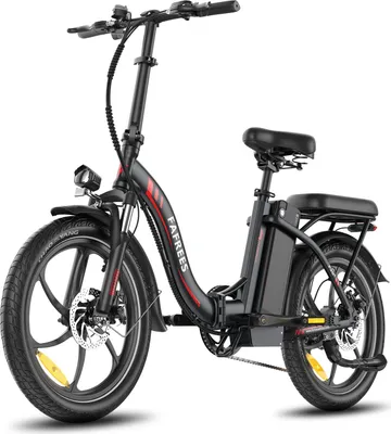 A black electric bicycle with red accents is shown against a white background.
