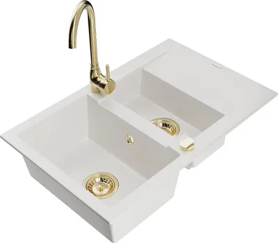Immagine prodotto di Mexen Gaspar lavello da cucina in granito 1,5 vasche con sgocciolatoio e rubinetto da cucina Telma, bianco - 6507-20-670200-50
