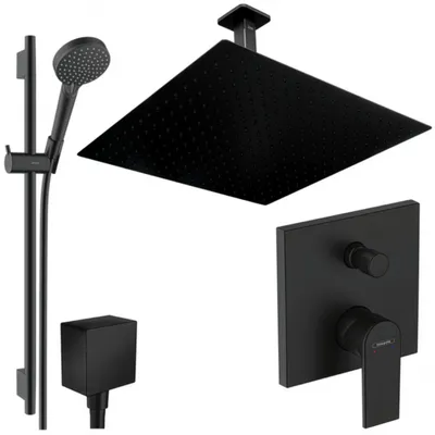 Produktbild von Hansgrohe und Jowi Unterputz Duschsystem Schwarz, Vernis Shape, 650mm Brausestange, Duscharmatur, 360mm Kopfbrause, Deckenanschluss, OHNE iBox