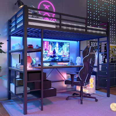 A gaming bedroom setup with a loft bed, desk, and gaming chair, illuminated by LED lights.