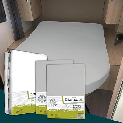Produktbild von Dexitex Bettlaken Queensbett Wohnmobil & Wohnwagen 3er Set – 1 Molton + 2 Spannbettlaken – Multi-Stretch Jersey Baumwolle – Hellgrau/Weiß