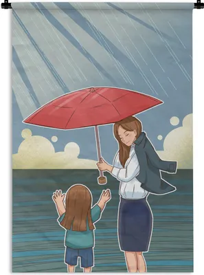 Produktbild von MuchoWow® Wandteppich Wandbehang Muttertag Illustration von Tochter und Mutter mit Regenschirm im Regen 90x135 cm Tapisserie Dekoration Wandtuch - Baumwolle - Wandskulptur