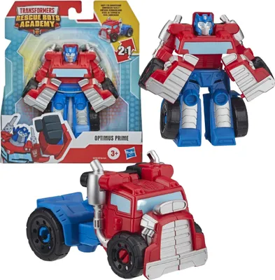 A product shot of a Transformers Rescue Bots Academy Optimus Prime toy in its packaging, with the toy also shown in robot and vehicle modes.