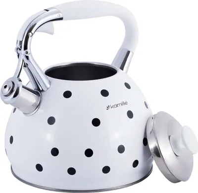 A white polka dot kettle with a silver lid and handle.