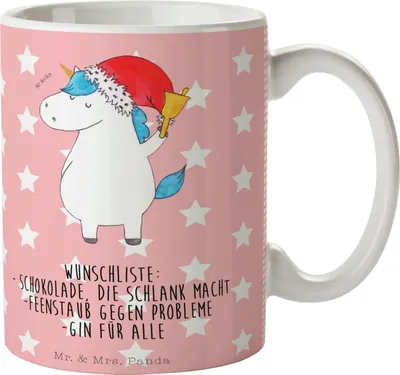 Produktbild von Mr. & Mrs. Panda Tasse Einhorn Weihnachtsmann - Rot Pastell - Geschenk, Kaffeetasse, Einhörner, Gin, Teebecher, Nikolaus, Unicorn, schöne, Kaffeebecher, Trinkbecher