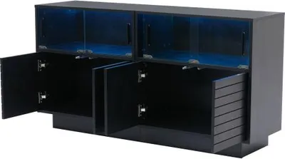 Produktbild von Schwarz Vitrine Sideboard 130x35x68cm 2 Kabinetten 4 Faechern Glastueren Breite Beistellschrank LED-Licht Wohnraumschrank Stauraum Modernes Highboard