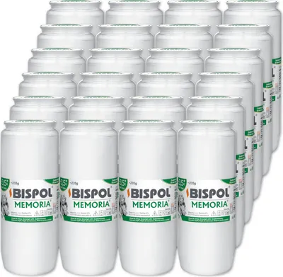 A grid of white candles in clear plastic containers, arranged in rows and columns.