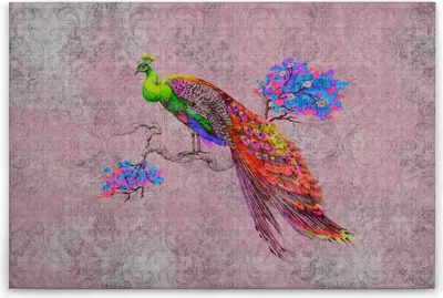 Produktbild von Leinwandbild Tiere 60 x 90 cm - Wandbild Pfau Rosa Rot Floral - Keilrahmen Wohnzimmerdeko Wanddeko Wandgemälde