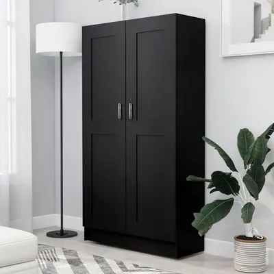 Zdjęcie produktu dla Półka na książki, czarna, 82,5 x 30,5 x 150 cm, płyta wiórowa, 4 przegrody, 2 drzwiczki