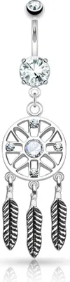 Produktbild von Bauchnabelpiercing Traumfänger Anhänger Federn Zirkonia Dreamcatcher Autiga® silber-klar