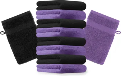 Produktbild von Betz 10 Stück Waschhandschuhe 16x21 cm PREMIUM 100% Baumwolle  Farbe: lila und schwarz