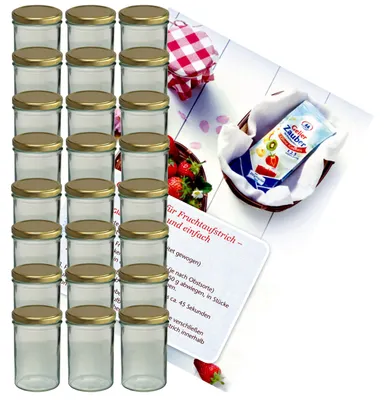 Produktbild von 24er Set Sturzglas 435 ml Marmeladenglas Einmachglas Glas To 82 goldener Deckel incl. Rezeptheft