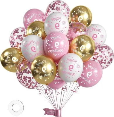 Image de Décorations d'anniversaire pour filles - 9 ans - 16 pièces - Blanc et rose - Ballons