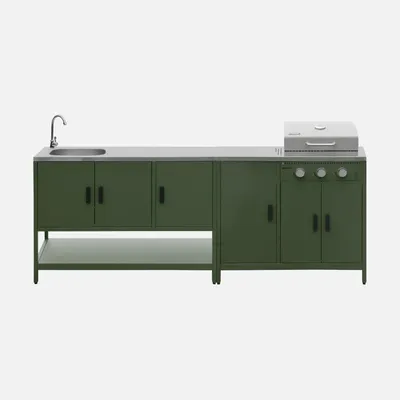Immagine prodotto di Cucina da esterno modulare con barbecue a gas, 3 bruciatori, 5 moduli, Verde