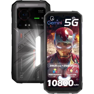 Produktbild von HOTWAV Hyper 7 5G Outdoor Smartphone, 20GB+256GB 280LM Campinglicht Handy 10800mAh Baustellenhandy 6.6”FHD+120Hz 64MP+32MP IP68/IP69K/NFC, Schwarz