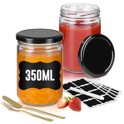 Obrázek produktu pro Sklenice QEENTOE na marmeládu se šroubovacím víkem, sklenice na zavařování, vhodné do myčky, s černým šroubovacím víkem, 12 kusů, objem 350 ml