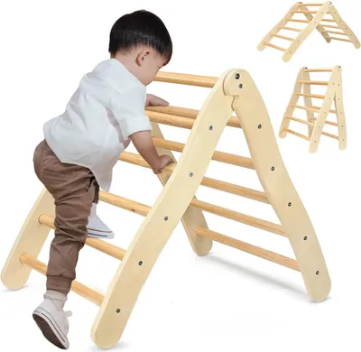 Image de Jouet d'escalade en bois pour enfants - Triangle d'escalade d'intérieur - Pliable - Favorise la motricité et l'équilibre - Pour les enfants de 6 à 36 mois - Jaune