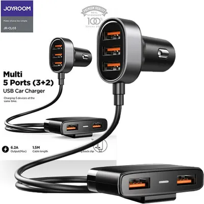 Produktbild von Joyroom szybka ładowarka samochodowa 5x USB 6,2 A z przedłużaczem czarny (JR-CL03)