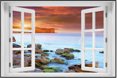 Produktbild von Wallario Wandbild mit Fenster-Illusion: Sonnenaufgang am Meer mit Landzunge und Felsen im Wasser, Größe: 61 x 91,5 cm, Poster mit schwarzem Aluminiumrahmen